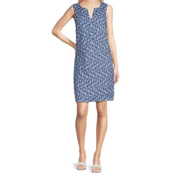 J. McLaughlin Rue Navy Blue Linen Floral Sleeveless Shift Dress XS NEW $218 - Picture 1 of 12